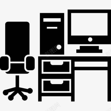 工作室办公桌桌子椅子电脑塔和监控图标图标