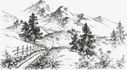 犁地风景素描手绘山地景观高清图片