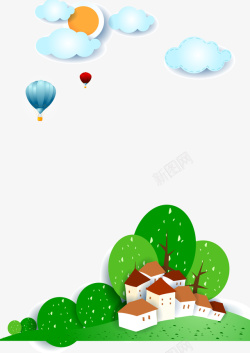 热气球金色草地蓝天白云小房子高清图片