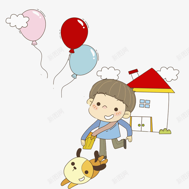背着书包上学的男孩png免抠素材_新图网 https://ixintu.com 卡通 学生 小狗 小男孩 帅气的 房子 气球 高兴地