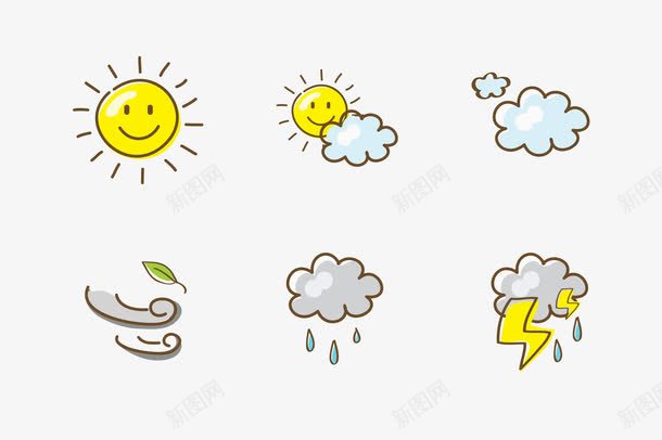 手绘卡通天气图标png_新图网 https://ixintu.com 下雨 卡通雨点 多去 大风 天气图标 太阳 手绘 雨水 雨滴 雷雨