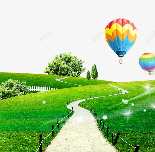 草坪热气球背景png免抠素材_新图网 https://ixintu.com 小路 清新 热气球 简单 草坪