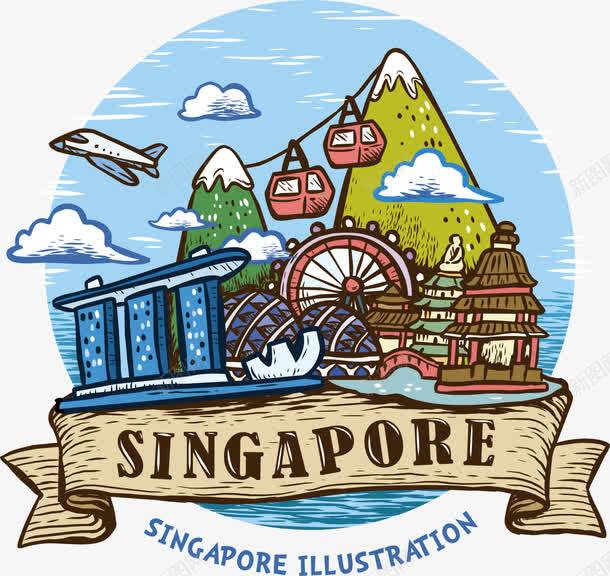 手绘新加坡png免抠素材_新图网 https://ixintu.com 山坡 摩天轮 新加坡 梯子 横幅 白云 蓝色背景