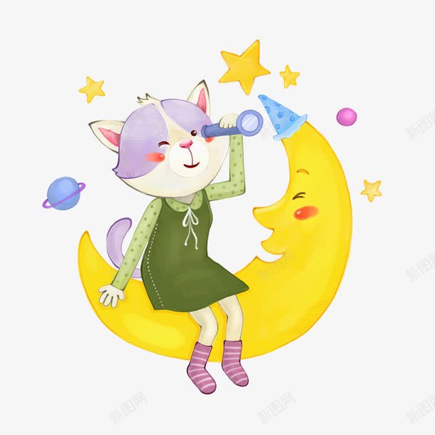 月亮猫咪png免抠素材_新图网 https://ixintu.com 卡通动物 卡通手绘 月亮猫咪 水彩画 萌宠 装饰图案