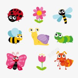 可爱花卉可爱昆虫和花卉矢量图高清图片