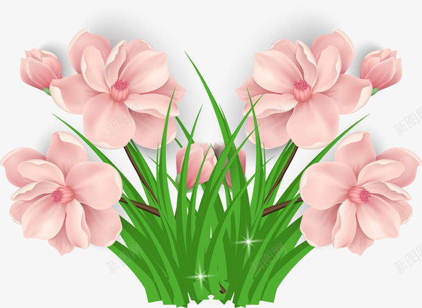春天粉色花朵装饰png免抠素材_新图网 https://ixintu.com 春天 白色闪光 粉色花朵 绿色叶子 美丽花朵 花朵装饰
