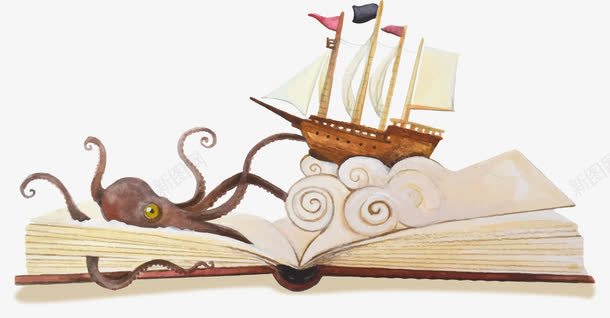 手绘打开的书本png免抠素材_新图网 https://ixintu.com 奇幻故事 彩色 手绘 打开的书本 章鱼 童话故事 航海故事 船