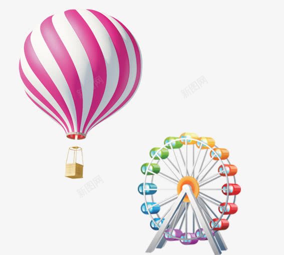 热气球和水车png免抠素材_新图网 https://ixintu.com 上升 水 水车 热气球 球 白色 粉色