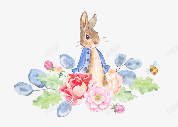 兔子和鲜花png免抠素材_新图网 https://ixintu.com 复古兔子 水彩兔子 水彩鲜花 穿衣服的兔子