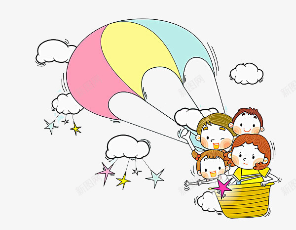 卡通手绘热气球上的人物png免抠素材_新图网 https://ixintu.com 卡通手绘热气球 欢呼的孩子 热气球上的人物 白色云星星装饰 高兴的孩子