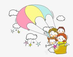 手绘孩子作画星星背景卡通手绘热气球上的人物高清图片