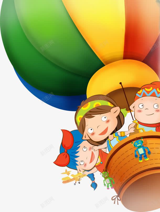 小朋友乘坐热气球png免抠素材_新图网 https://ixintu.com PNG元素 免费下载 卡通 开心 彩色热气球
