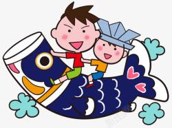 传统节骑着鲤鱼旗的小男孩高清图片