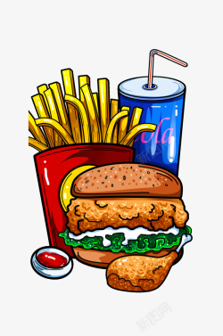 汉堡可乐朋友手绘薯条汉堡可乐美食聚餐插画高清图片