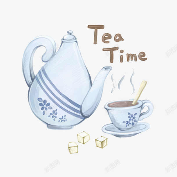 白色陶瓷的一套茶具png免抠素材_新图网 https://ixintu.com 卡通 咖啡 字母 手绘 白色 糖块 英文 陶瓷