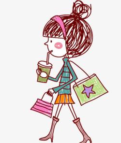 喝奶茶的时尚女孩小女孩购物高清图片