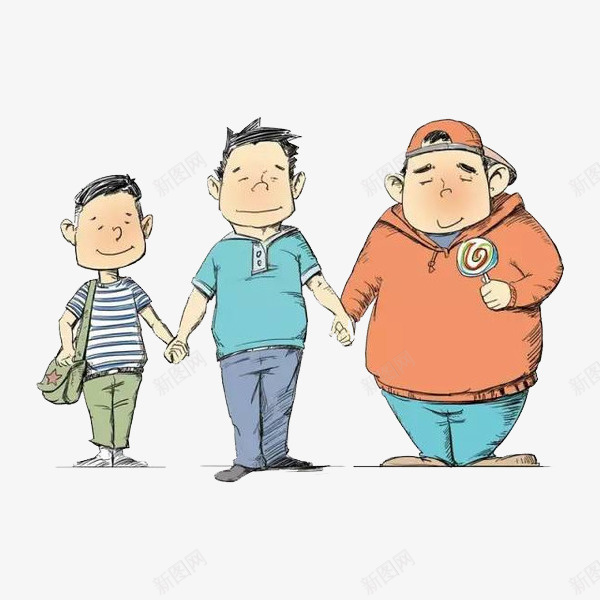 胖瘦对比的三个男士png免抠素材_新图网 https://ixintu.com 卡通 可爱 手绘 棒棒糖 男士 瘦子 肥胖对比 背包 胖子