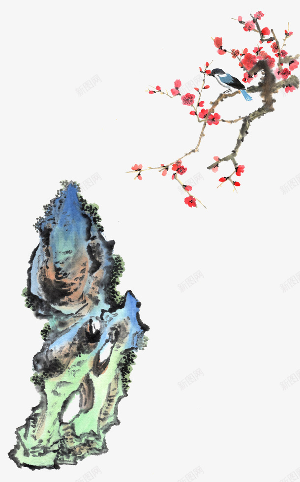 水墨画红梅枝头png免抠素材_新图网 https://ixintu.com 枝头 水墨 石头 红梅