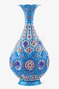 蓝色彩绘花纹的花瓶古代器物实物素材