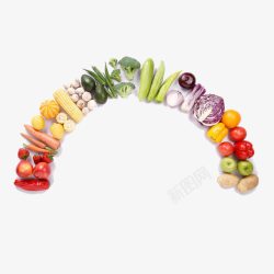 水果形状摆成彩虹形状的蔬菜水果高清图片