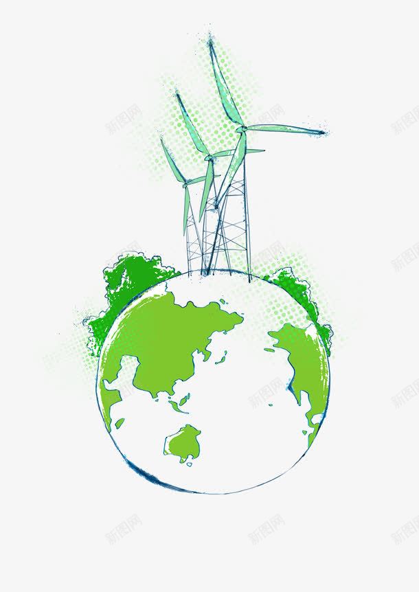 地球风车psd免抠素材_新图网 https://ixintu.com 低碳生活 公益广告 地球 建筑 环保插画 绿色 绿色风格设计模板 节能减排 风车