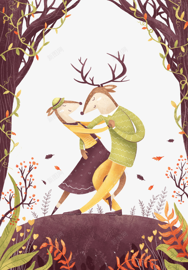森林中跳舞的小鹿png免抠素材_新图网 https://ixintu.com 动物 卡通手绘 小鹿 情侣 树木 树林 森林 植物 装饰图 跳舞姿势