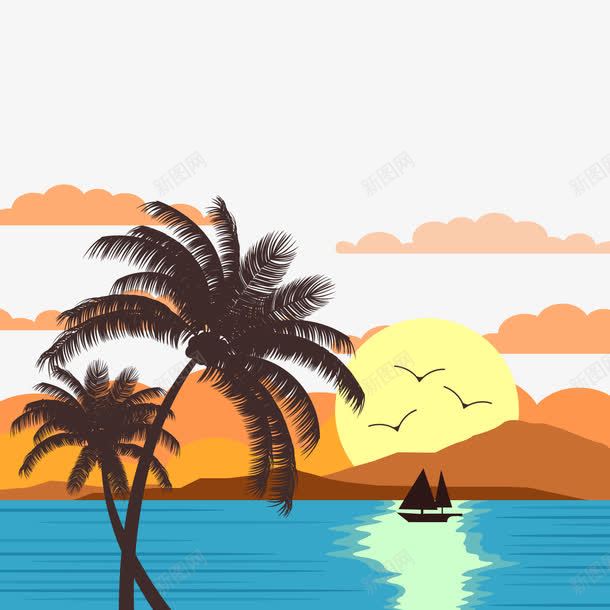 卡通海边夕阳风景png免抠素材_新图网 https://ixintu.com 卡通椰子树 卡通风景 背景装饰 蓝色海面