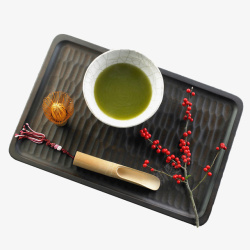 抹茶红豆牛奶方形托盘里的日本抹茶及器具高清图片