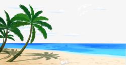 翠绿的椰树卡通手绘海边风景沙滩椰树海水矢量图高清图片