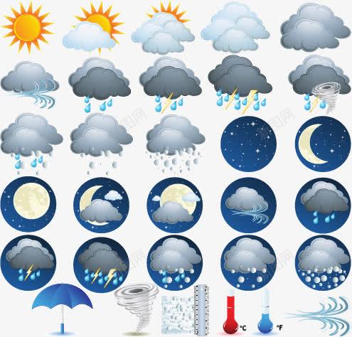 日夜天气图标矢量图ai_新图网 https://ixintu.com 天气预报模板 温度计 矢量图 矢量素材 阴雨 阴雨天气 雨伞 龙卷风