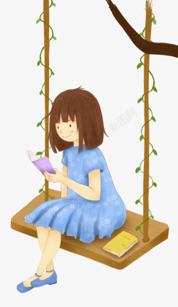 卡通手绘女孩坐在秋千上看书素材