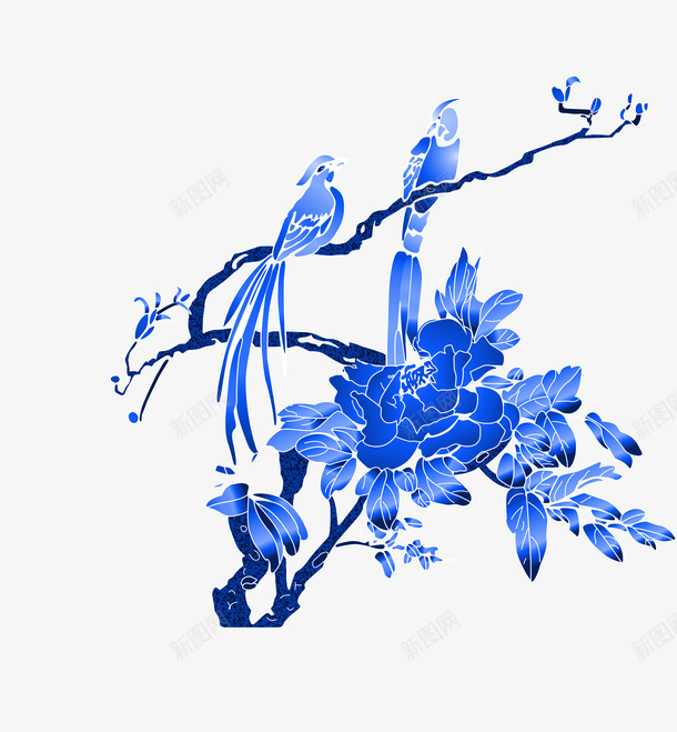 青花瓷色彩的牡丹和鸟png免抠素材_新图网 https://ixintu.com 牡丹 蓝色的鸟 青花瓷 鸟