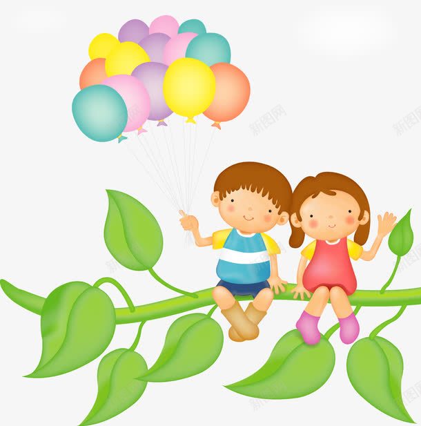 坐在树枝上的小孩png免抠素材_新图网 https://ixintu.com 卡通 可爱插图 坐在树枝 拿着气球 树叶枝 男孩女孩 矢量装饰