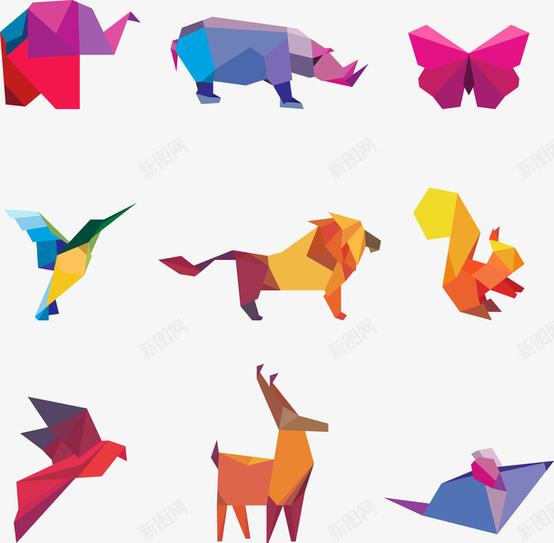 卡通动物折纸png免抠素材_新图网 https://ixintu.com 其他 动物 动物折纸 动物设计 卡通动物 大象 犀牛 狮子 鸽子 鹿