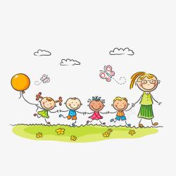 小孩牵着气球卡通开心和老师一起郊游的小朋友高清图片