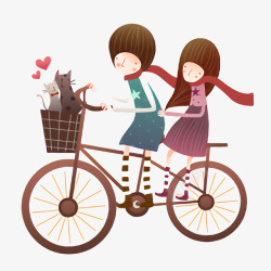 自行车春游春天情侣骑车踏青郊游卡通人物免高清图片