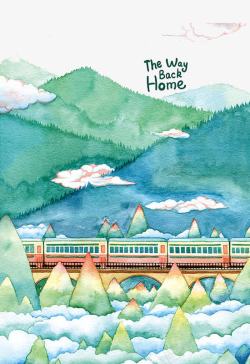水彩的火车手绘绿色山丘高清图片