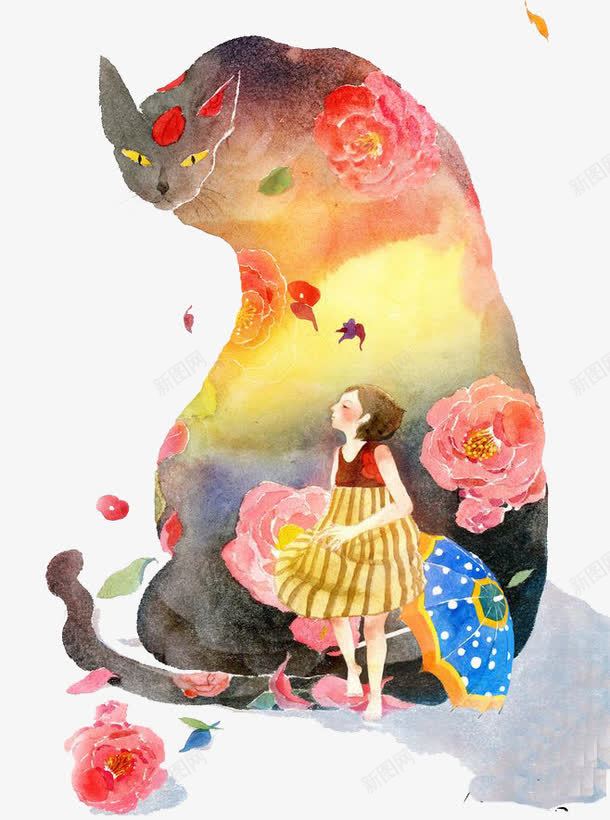 水彩女孩png免抠素材_新图网 https://ixintu.com 卡通 女孩 手绘 水彩 猫咪 粉色鲜花 装饰 长裙