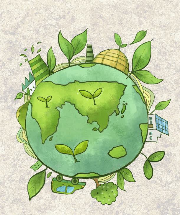 绿色地球png免抠素材_新图网 https://ixintu.com 低碳生活 公益广告 圆点 地球 平面气泡 建筑 抽象树叶 环保插画 绿色 绿色风格设计模板 节能减排