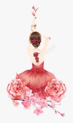 红色裙子的美女卡通手绘美女跳舞背影高清图片