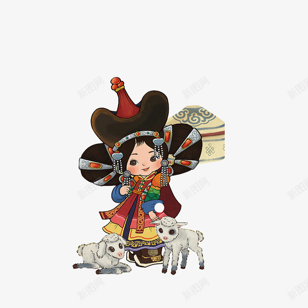 卡通蒙古女孩和小羔羊png免抠素材_新图网 https://ixintu.com 手绘蒙古包 站着蹲着的小羔羊 蒙古小女孩 蒙古插画