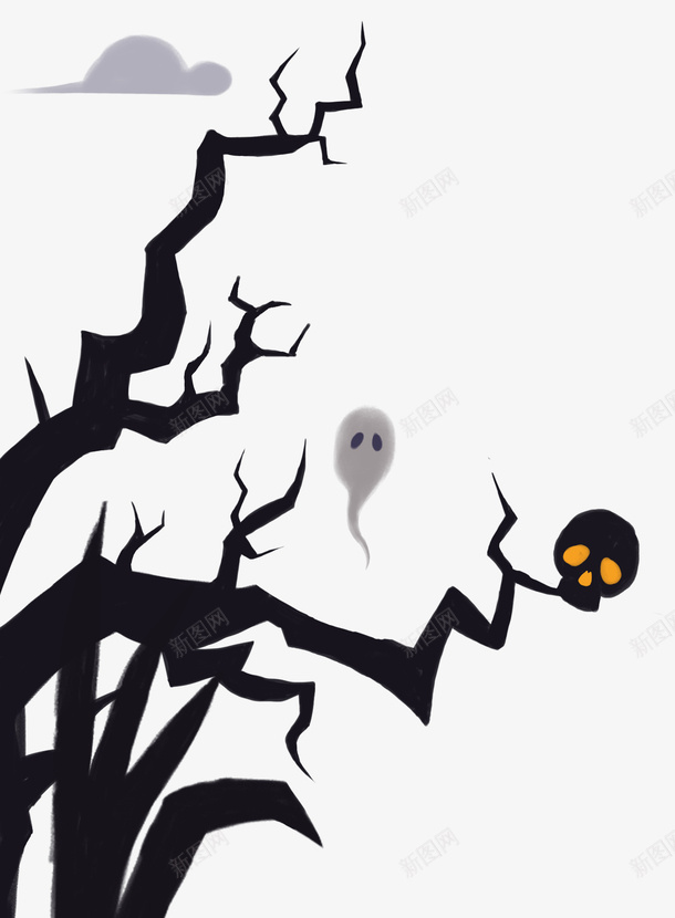 万圣节枯树幽灵元素png免抠素材_新图网 https://ixintu.com 万圣节 卡通手绘 幽灵 枯树 装饰图案 骷髅头