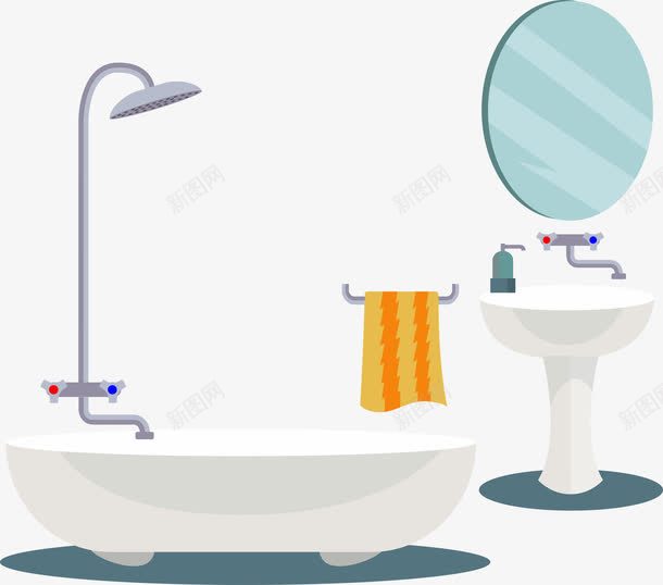 卡通浴室装饰png免抠素材_新图网 https://ixintu.com 卡通浴室 卫生间 厨卫 毛巾 洗手间 洗澡 洗脸池 浴室 浴缸 花洒 镜子