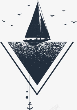 三角花帆船黑白花臂图案高清图片