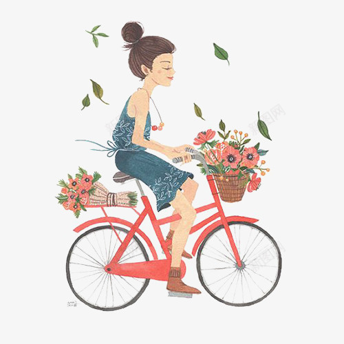 卡通手绘骑着自行车的女孩png免抠素材_新图网 https://ixintu.com 卡通 夏天 小女孩 手绘 春天 自行车 花篮 鲜花