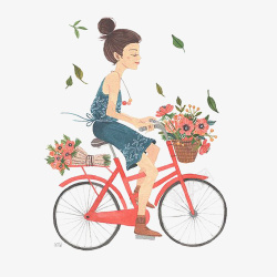 拿花篮女孩矢量图卡通手绘骑着自行车的女孩高清图片