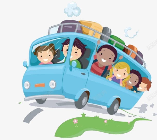 蓝色大巴车上的学生png免抠素材_新图网 https://ixintu.com 人物 儿童 卡通 大巴车 学生 手绘图 行李箱