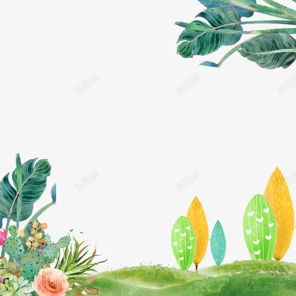 植物叶子装饰海报png免抠素材_新图网 https://ixintu.com 叶子 春天 春季 植物 海报边框 花卉 草地 装饰