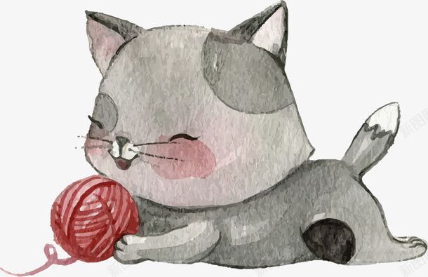 手绘趴着的灰色猫咪png免抠素材_新图网 https://ixintu.com 彩色毛球 手绘猫咪 抱着毛线球 水彩猫咪 灰色猫咪 红色毛线球 趴着的猫咪
