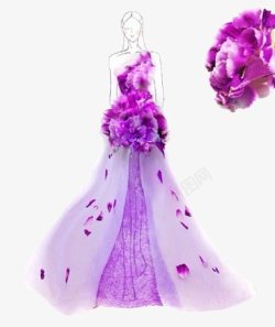 手工与花绘紫色婚纱素材
